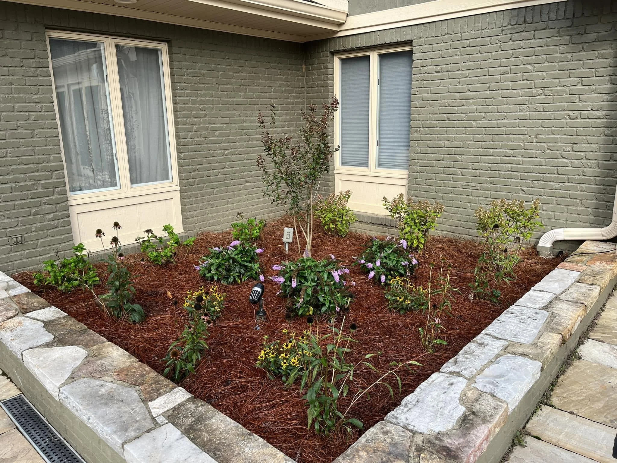 A small garden with flowers, shrubs, and decorative mulch surrounded by a low stone wall in front of a beige brick house with two large windows.