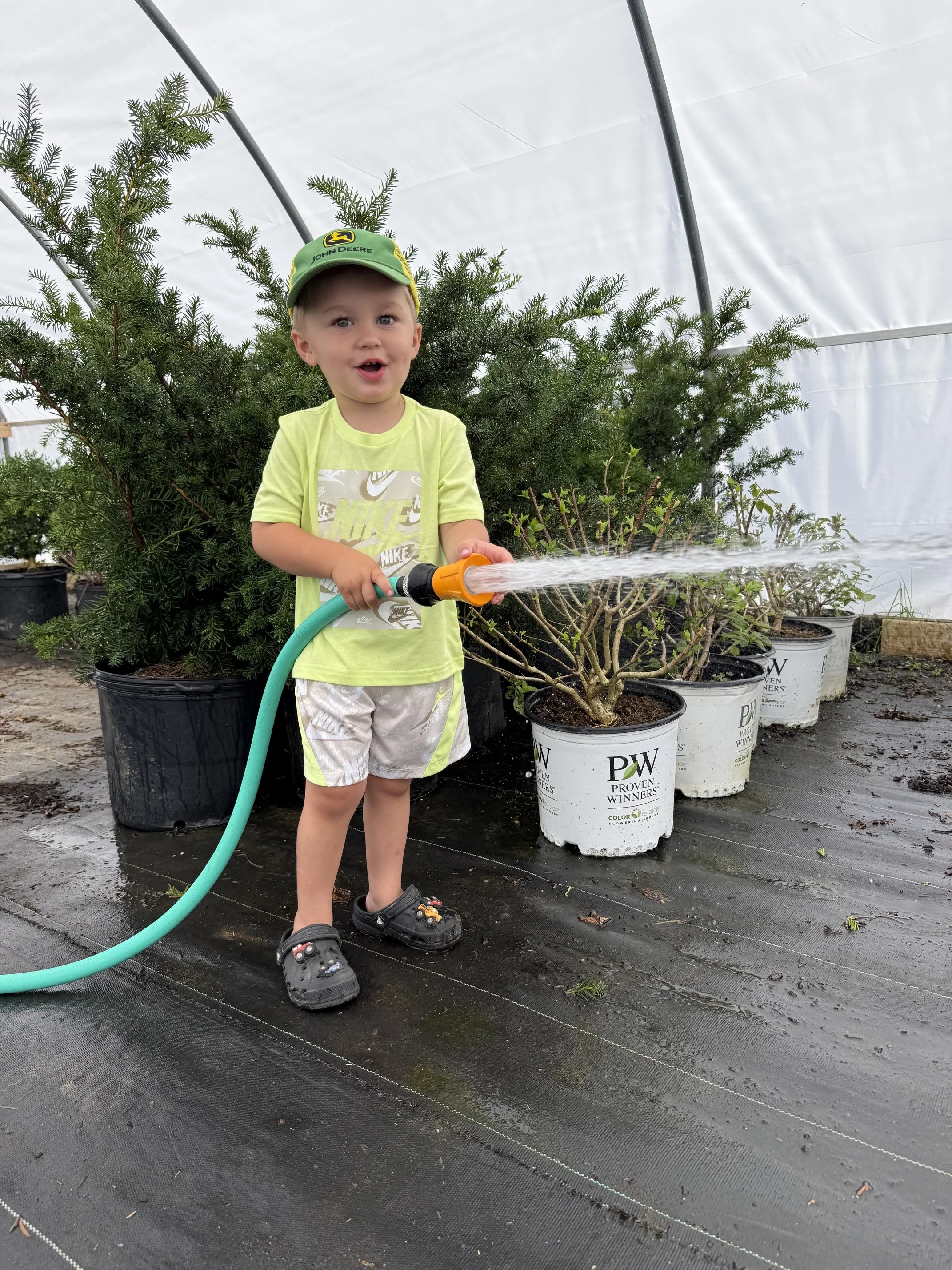 Young boy wearing a green cap and yellow shirt, holding a garden hose and watering plants inside a greenhouse with potted plants.
