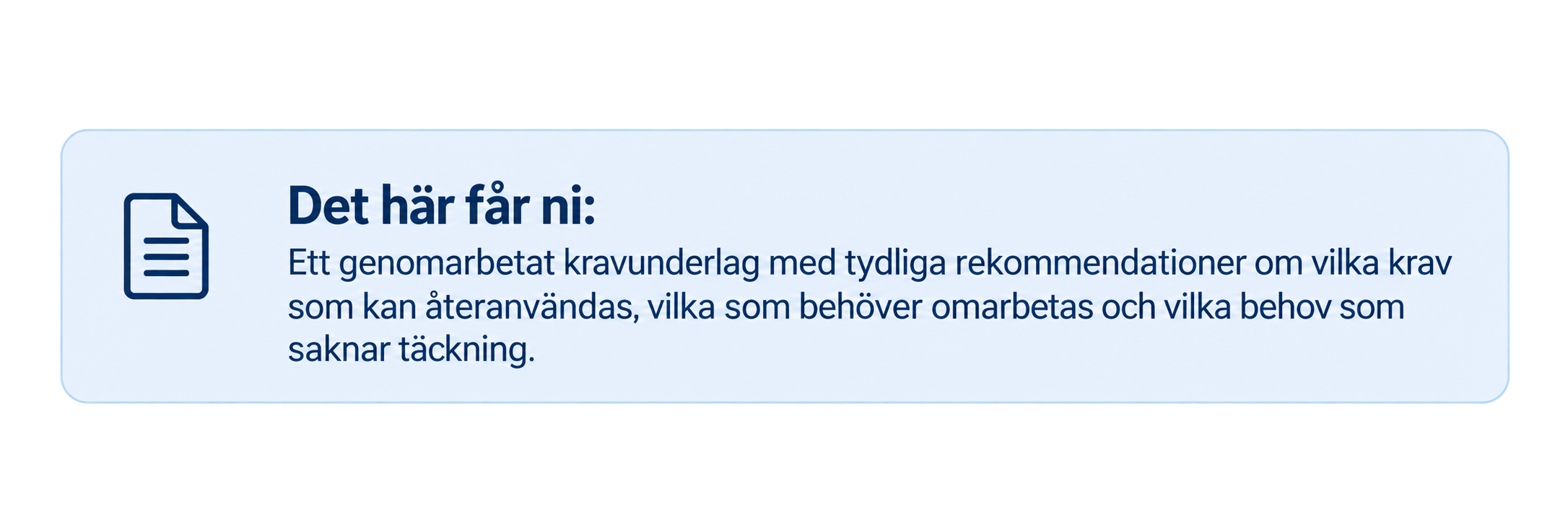 Swedish instructional text explaining the purpose of a thorough review, including clear recommendations on requirements, reapplications, and unmet needs.
