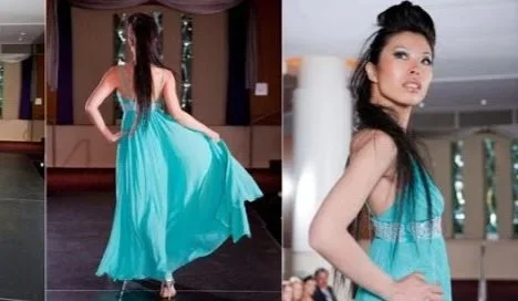 Two women wearing teal dresses in different settings, one dancing in a hall and the other posing indoors.