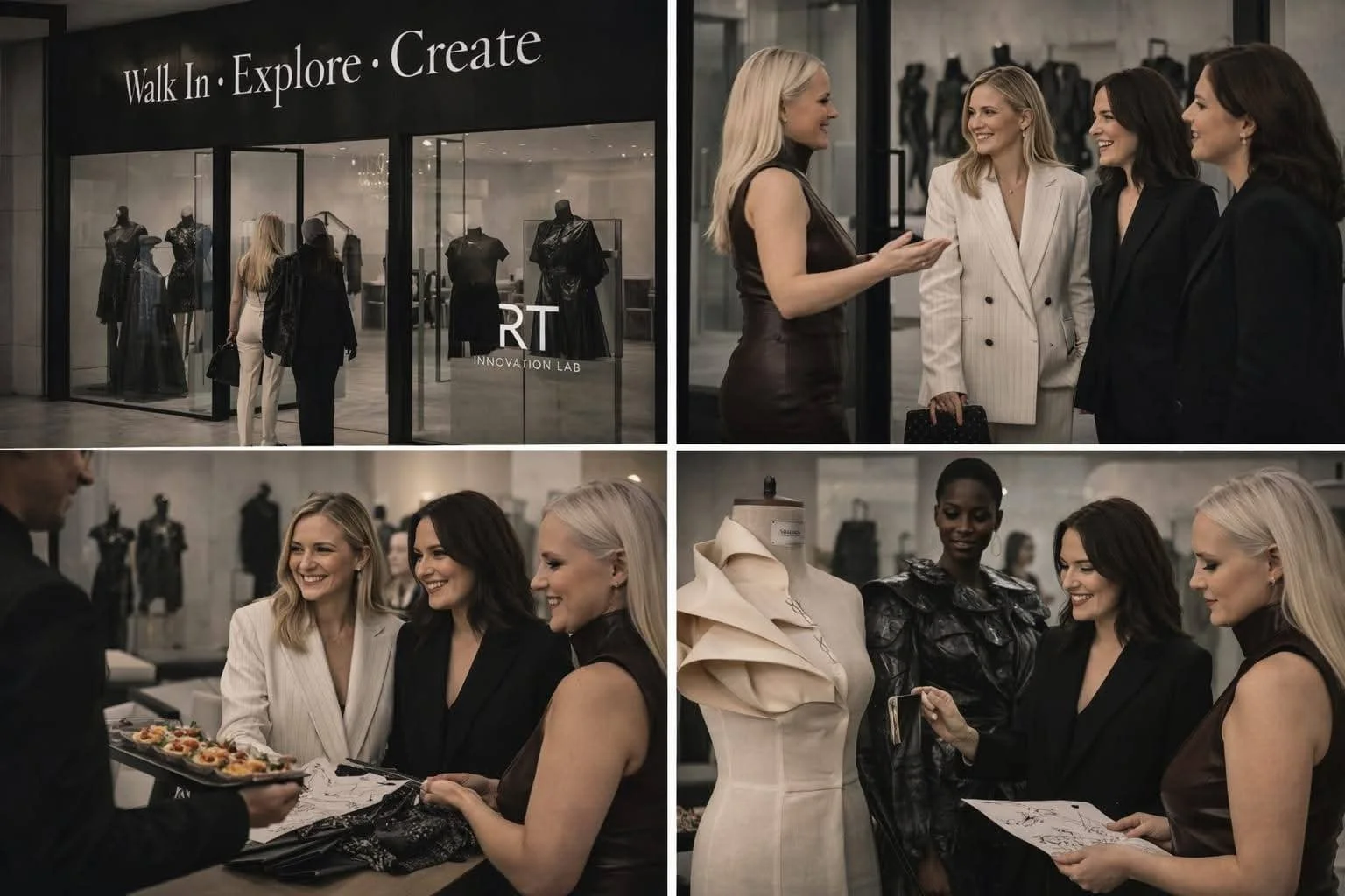 Four women shopping and discussing fashion at a clothing store, with mannequins in the background, and later enjoying food and browsing fashion sketches.