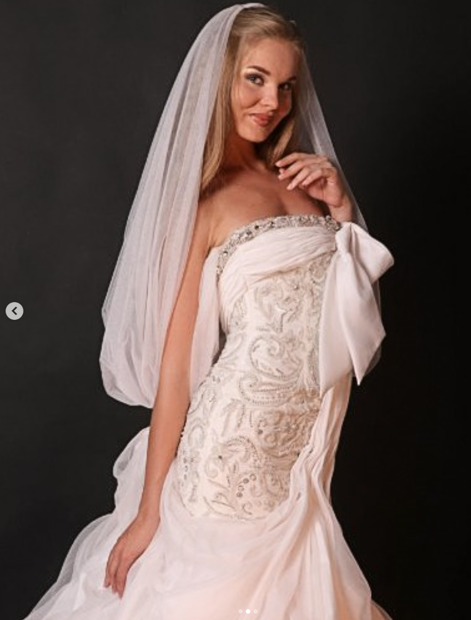 A woman in a wedding dress with a veil, posing against a dark background.
