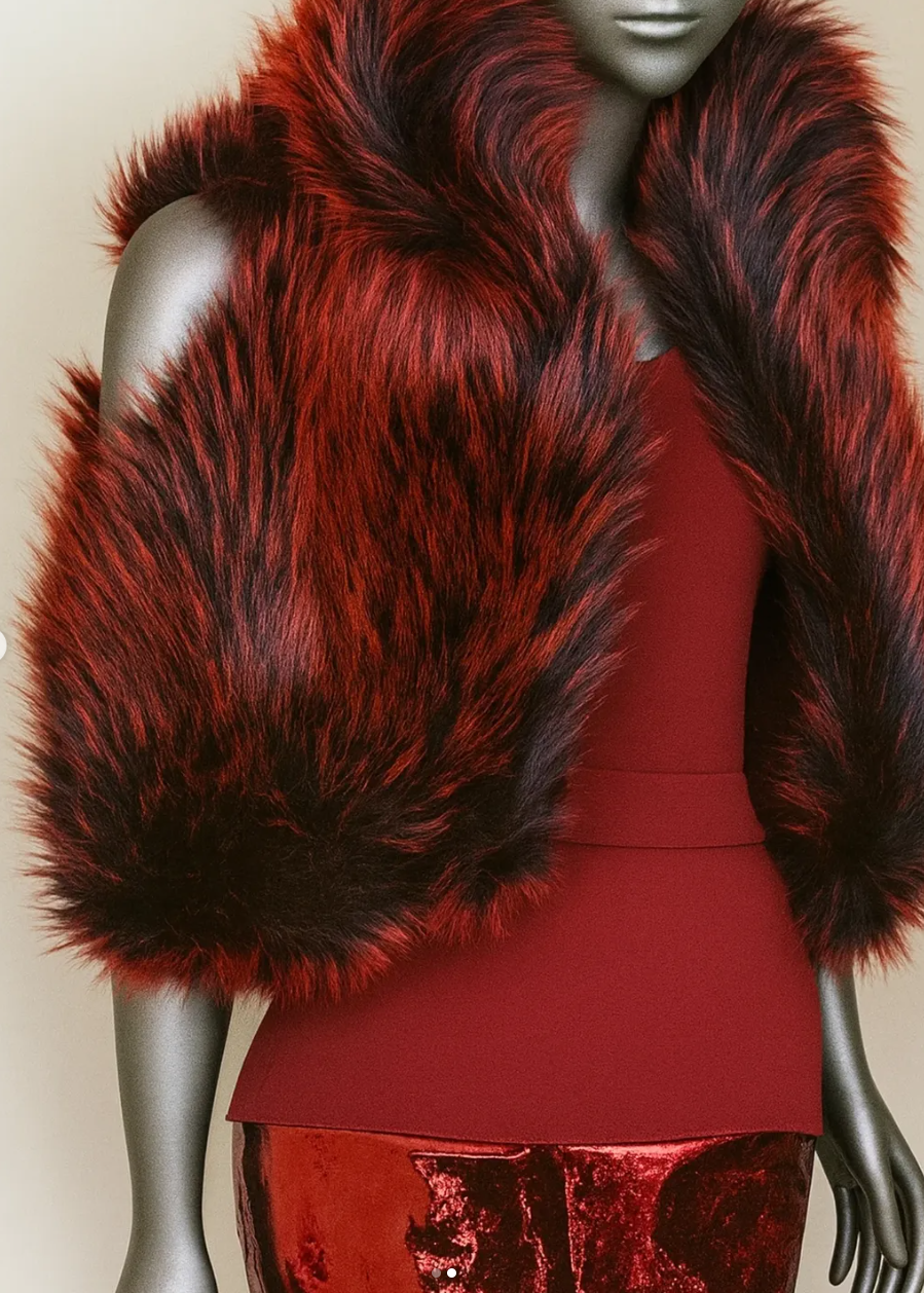 A mannequin dressed in a red outfit with a faux fur coat that has red and black coloring. The coat is draped over a red dress or top and red velvet pants.