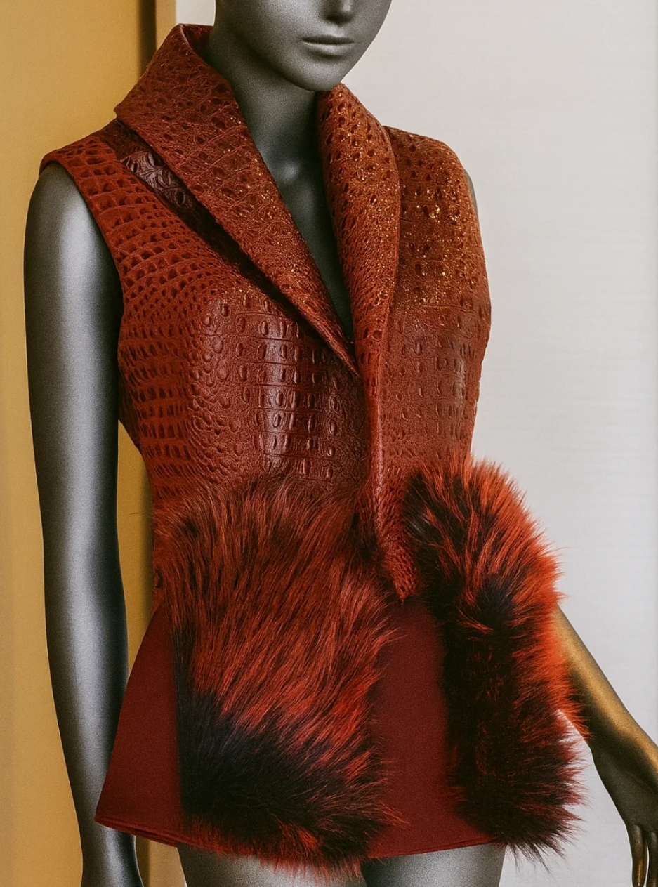 A mannequin wearing a sleeveless, textured red vest with a faux fur trim at the hem and a wide collar. The vest has an all-over crocodile pattern and appears to be made of leather or similar material.