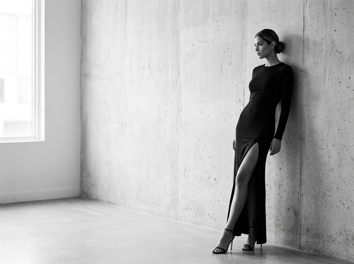 A woman in a long, black, elegant dress with a high slit, standing against a concrete wall in a minimalistic room with natural light from a window.