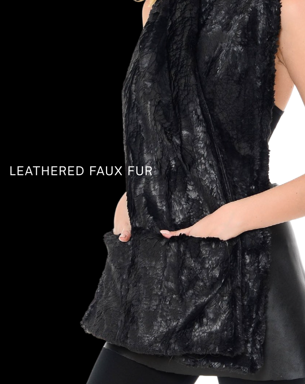 Close-up of a woman wearing a black leathered faux fur vest with her hands in the pockets, on a black background with text overlay.
