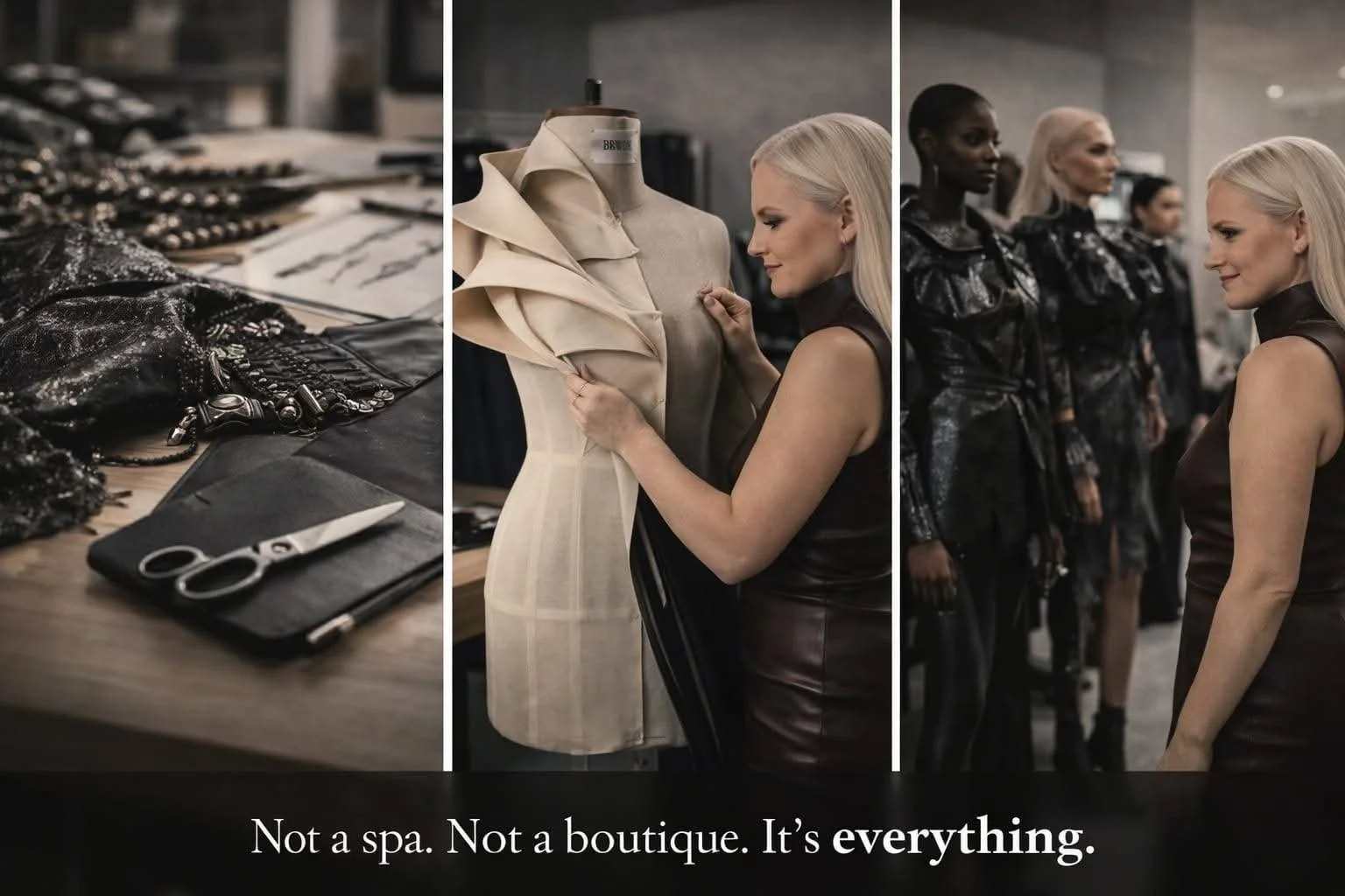 Collage of three images showing fashion design process, including fabric and accessories on a table, a designer working on a dress form with a cream-colored dress, and models on a runway with black outfits, with the caption "Not a spa. Not a boutique. It's everything."