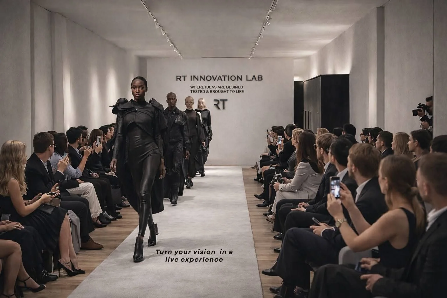 Models walking down runway at a fashion show with audience on both sides taking photos. Sign on wall reads 'RT INNOVATION LAB' and 'Turn your vision in a live experience'.