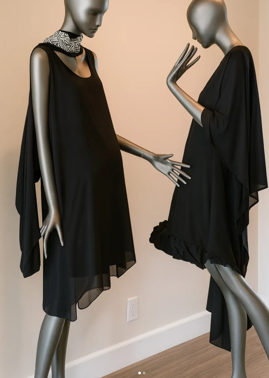 Two metallic mannequins dressed in black dresses, posed as if interacting with each other, standing on a wooden floor against a plain light-colored wall.