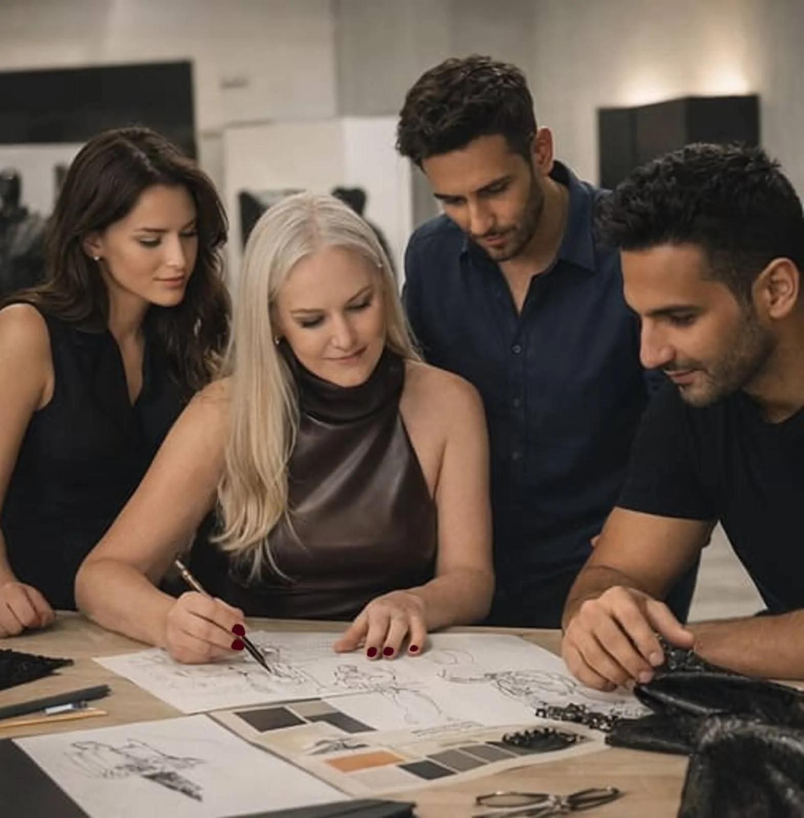 Four people gathered around a table with sketches and art supplies, collaboratively working on creative designs or plans.
