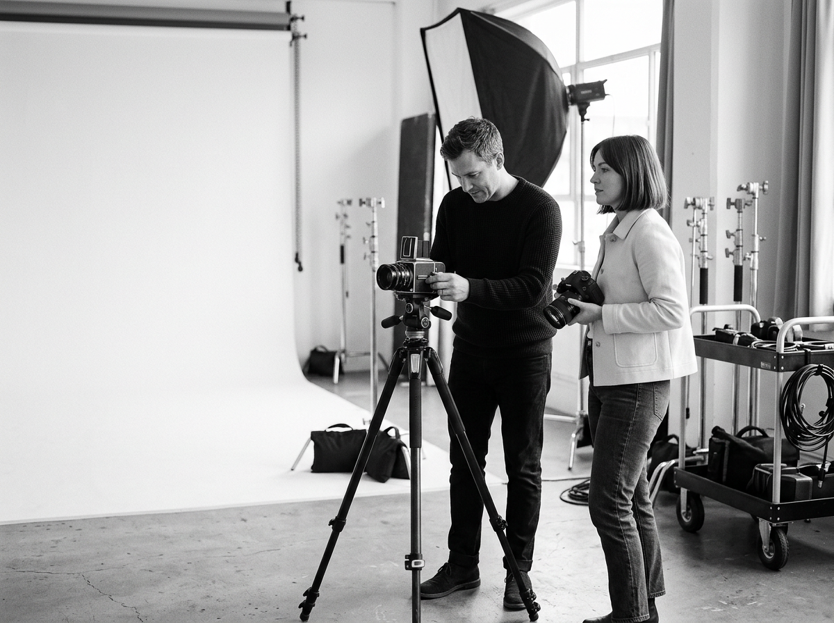 A man and woman working in a photography studio. The man is adjusting a camera on a tripod, while the woman holds a camera and observes. Studio equipment, including a large umbrella light and light stands, are visible in the background.