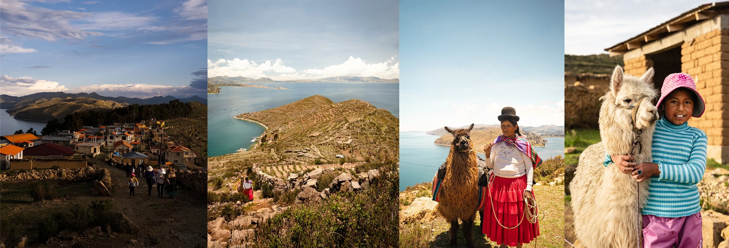 A collage of four landscape images of rural Andean communities, featuring mountainous terrain, water bodies, local people in traditional clothing, and children with llamas.