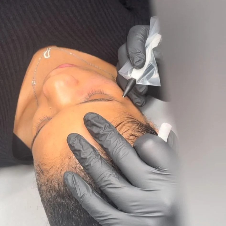 A person is receiving a cosmetic tattoo procedure on their eyebrows from a professional wearing black gloves.