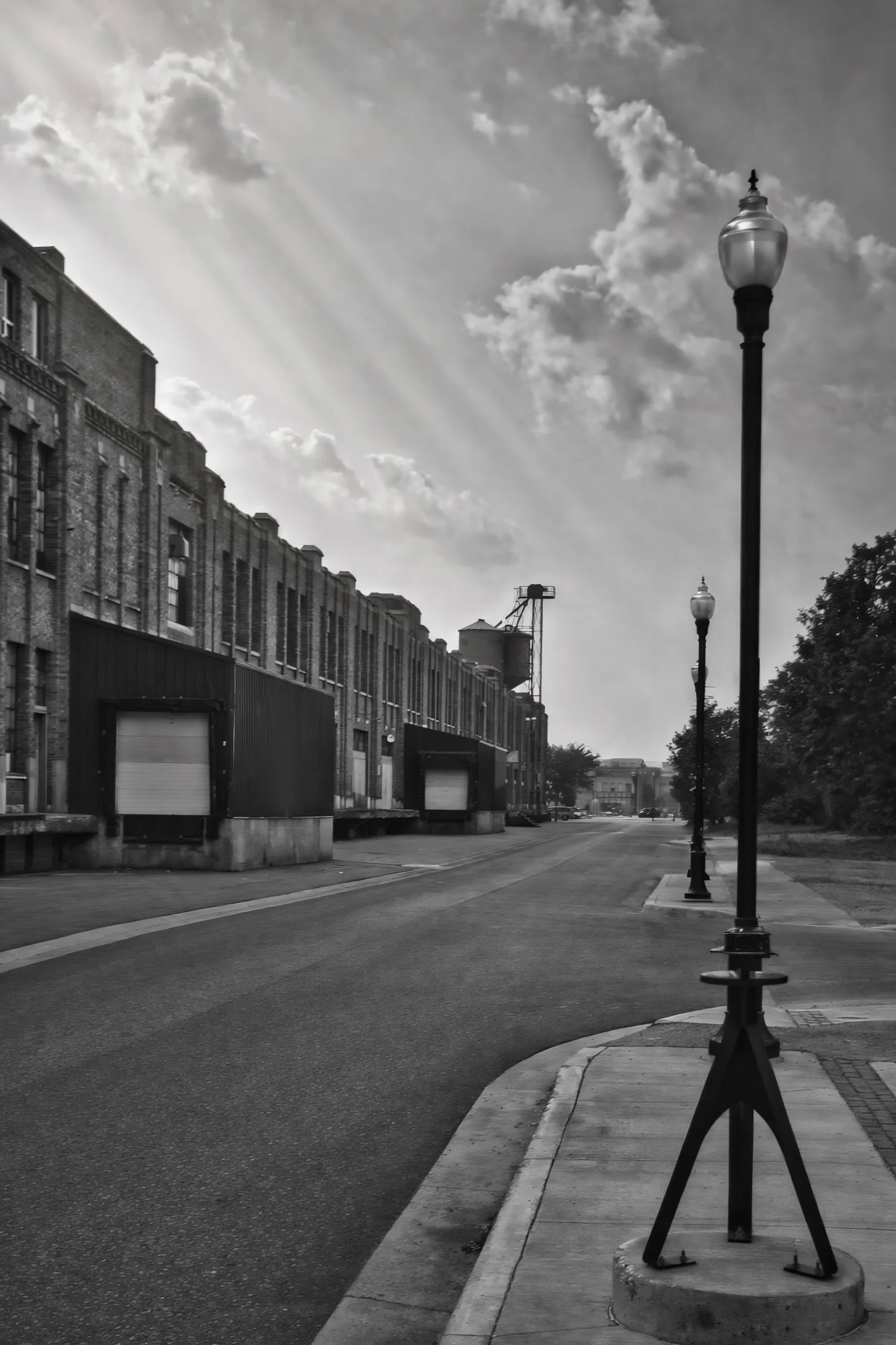 Empty city street with old brick buildings, street lamps, and a cloudy sky in black and white.