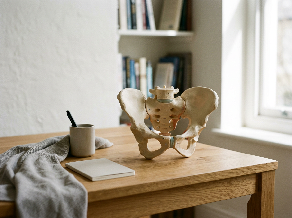 A human pelvis anatomical model on a wooden table next to a mug with a pen, a notepad, a cloth, and near a window in a room with a bookshelf.