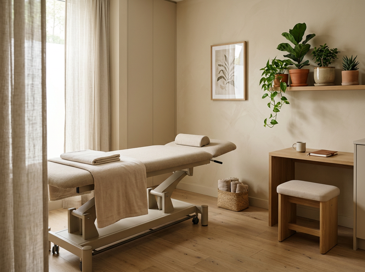 A massage therapy room with a massage table covered in beige sheets, a folded towel, and a bolster pillow. There is a window with sunlight and curtains, a framed botanical print on the wall, a shelf with potted plants, a small desk with a notebook and mug, and a stool. The room has wooden floors and a calm, minimalistic decor with neutral tones.
