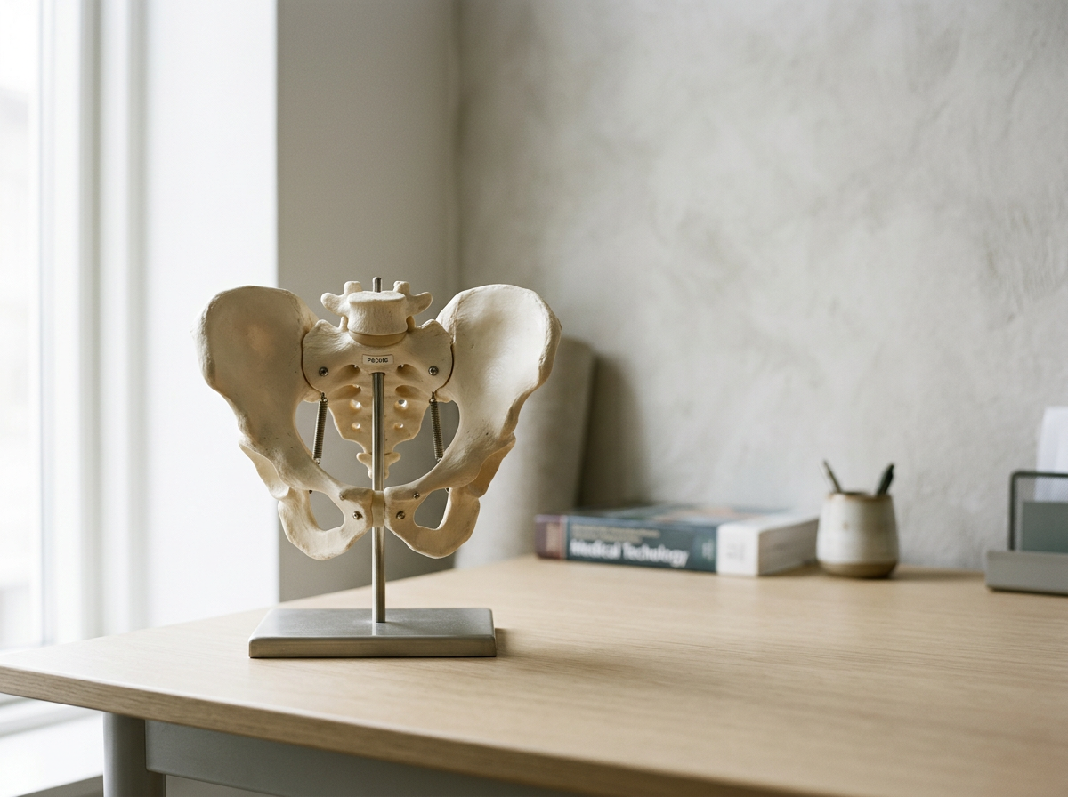 A model of a human pelvis on a desk with a book and a pen holder in the background.