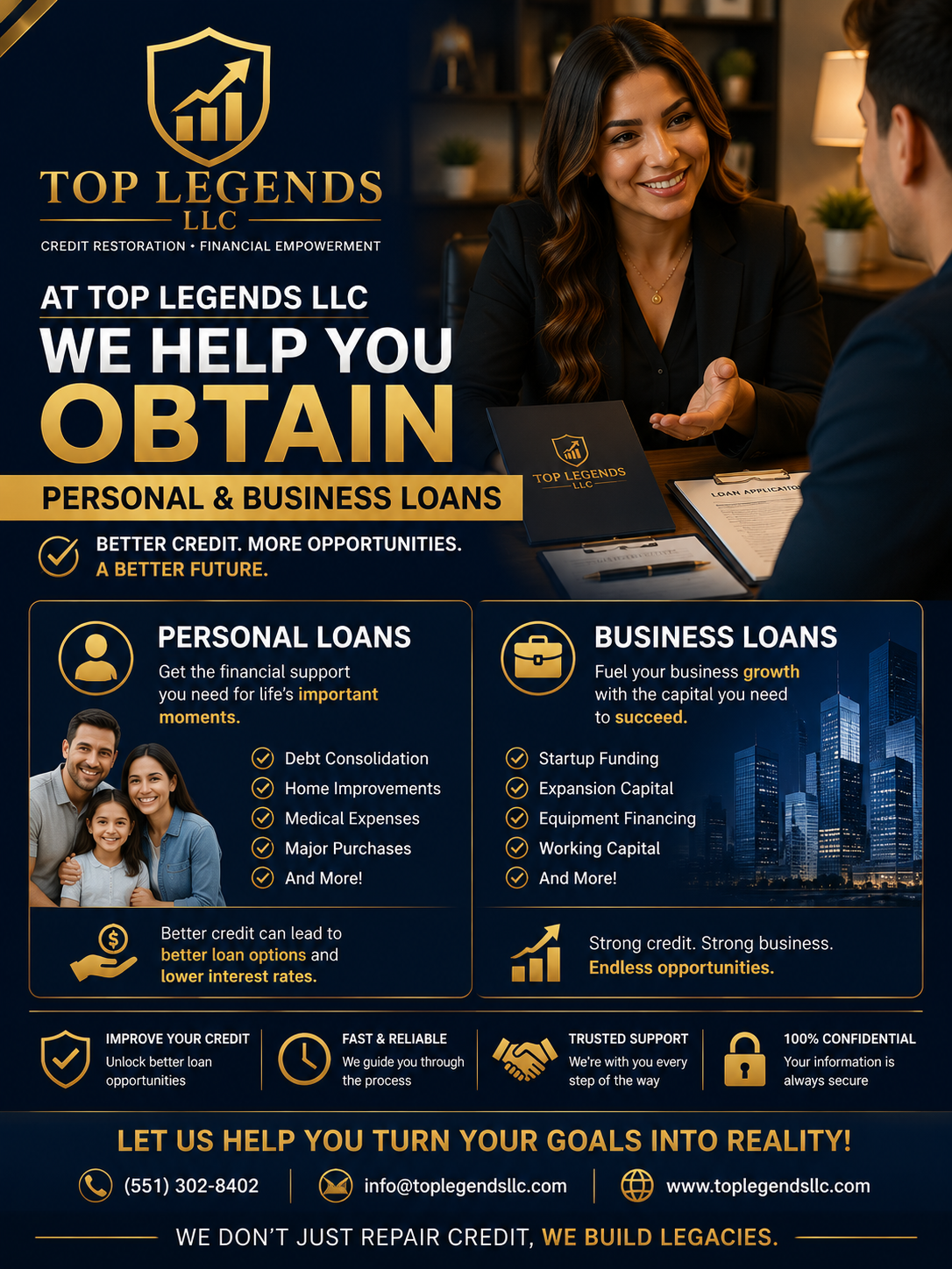 An advertisement for Top Legends LLC, offering personal and business loans. The image shows a smiling woman and a man in a professional setting, with graphics and text promoting financial support options, loan benefits, and contact information.