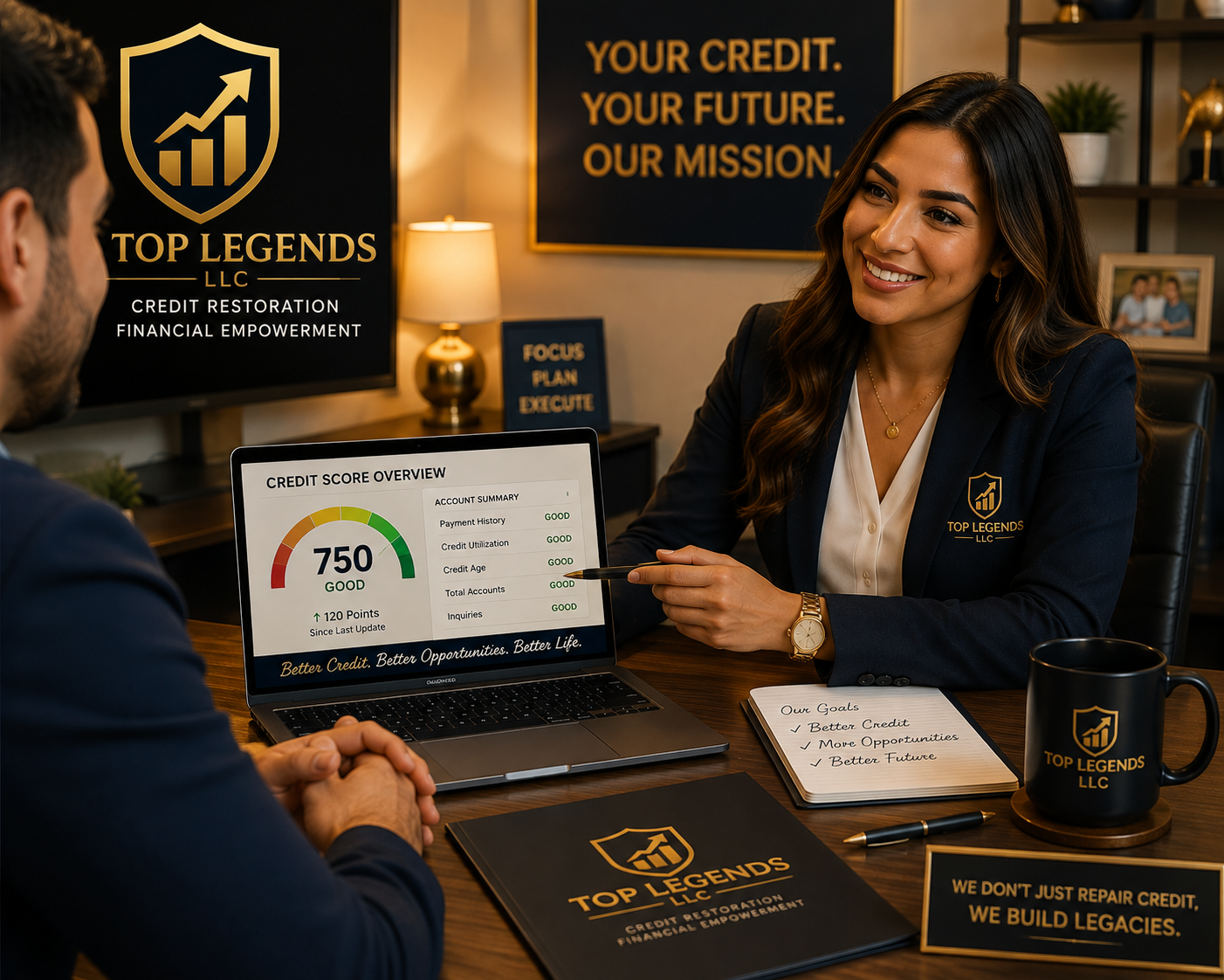 A woman in a business suit sitting at a desk, showing a credit score overview on a laptop to a man across from her. The woman holds a pen pointing to the screen, smiling. The desk has a mug, a notepad, pens, and a brochure for Top Legends LLC. The background displays a sign with the company's name, logo, and mission statement.