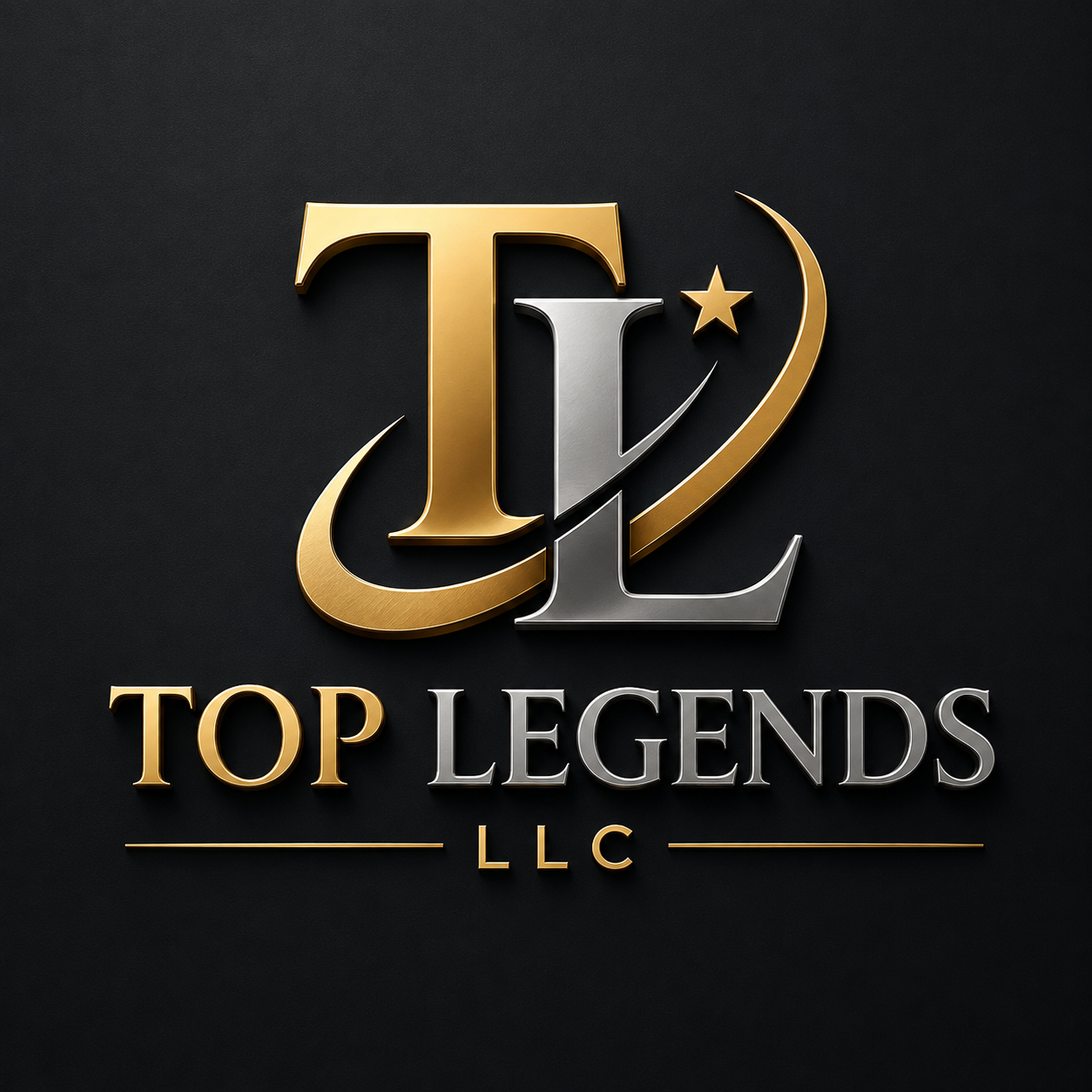 Logo for Top Legends LLC featuring gold and silver stylized initials T and L, with a star and crescent moon design in the background.