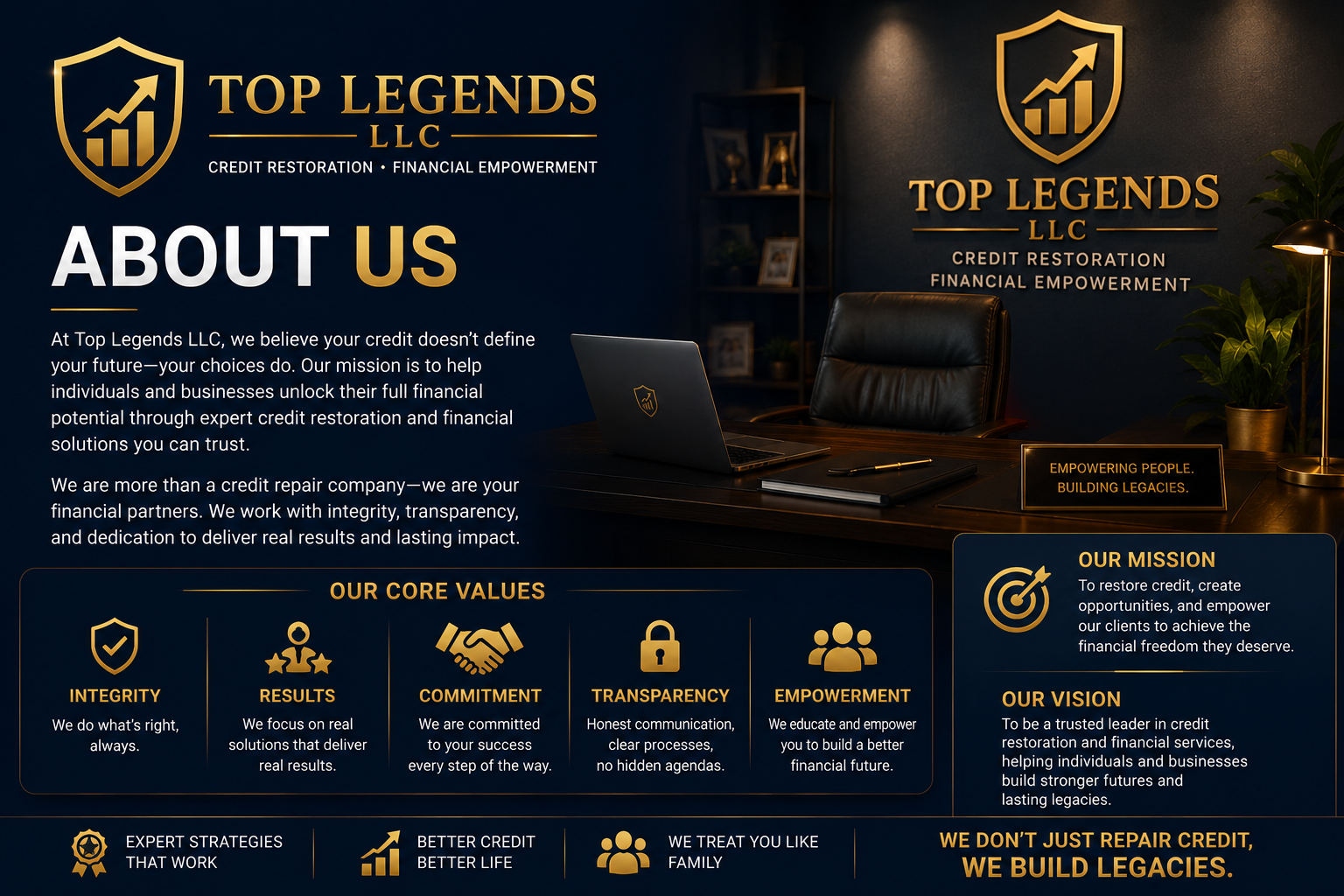 An informational poster for Top Legends LLC, a credit restoration and financial empowerment company. The poster features the company's logo, a shield with an upward arrow, and sections detailing their mission, core values, and vision. The background shows a dark office setting with a desk, a laptop, a lamp, and potted plants.