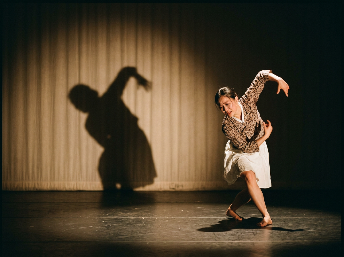 A woman dancing on stage, illuminated by a spotlight, with her shadow cast on a curtain behind her. As seen on Jadene Meyer Studios.