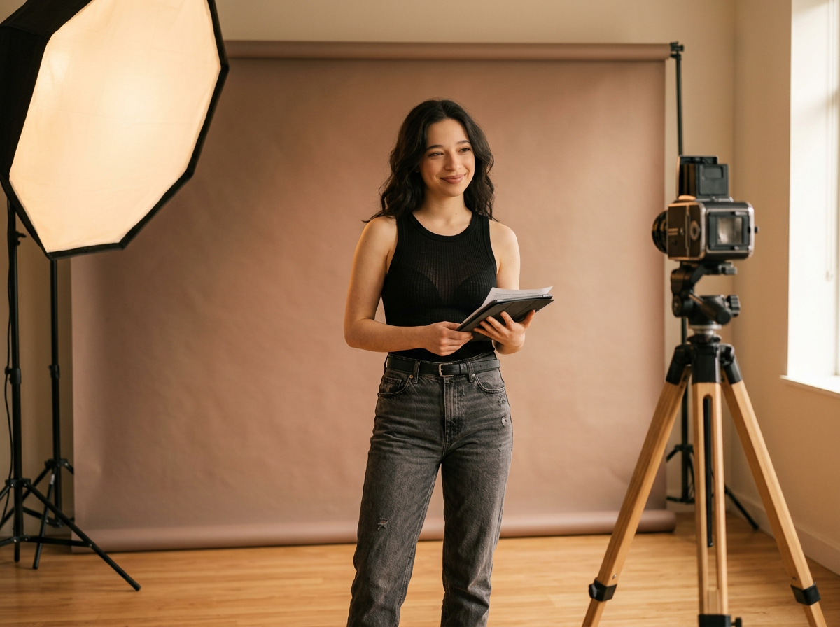 A woman standing in a photography studio, holding a notepad, with professional lighting equipment and a camera on a tripod, in front of a beige backdrop. As seen on Jadene Meyer Studios.