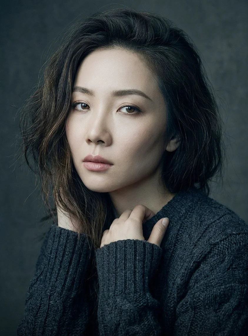 Jadene Meyer, an actress with wavy, shoulder-length dark hair and light skin, wearing a dark textured sweater, looking at the camera with a serious expression against a dark gray background. As featured on Meyer Studios jadenemeyer.com.