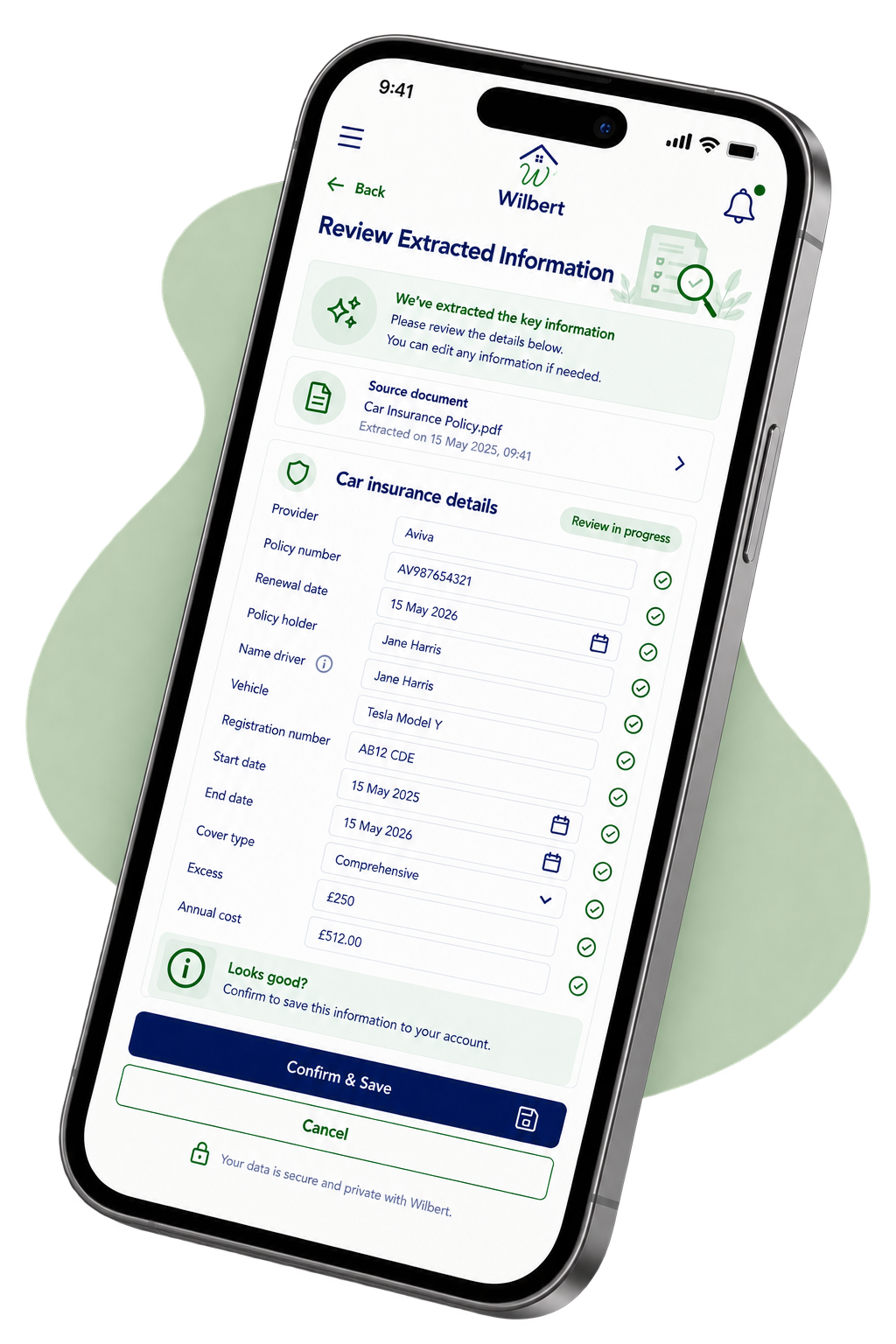 Wilbert screen showing extracted car insurance information ready to review and confirm.