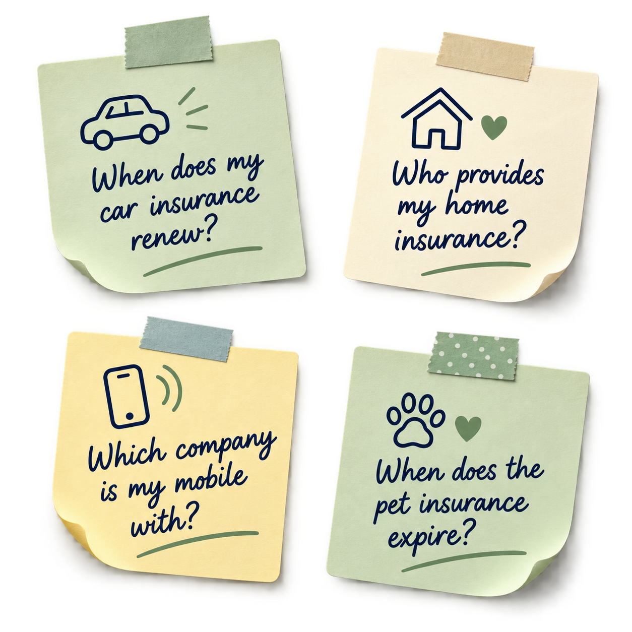 Sticky notes showing everyday household questions about insurance, mobile contracts and renewals.