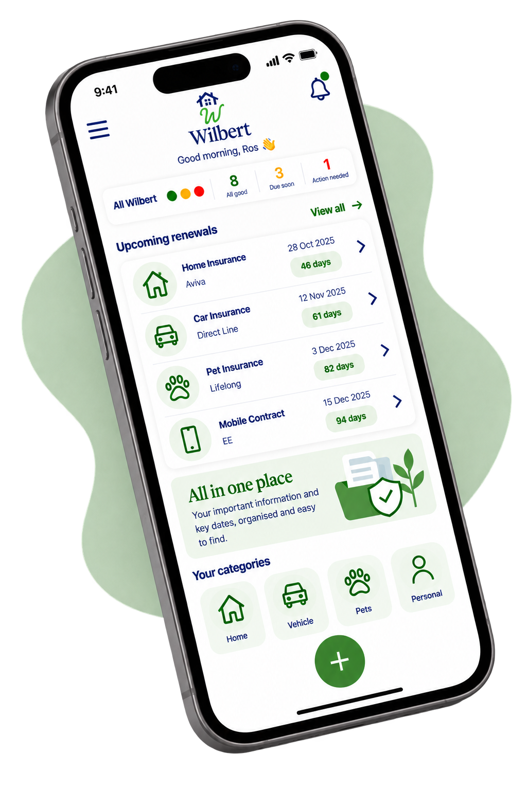 Wilbert dashboard showing household information, upcoming renewals and key dates.
