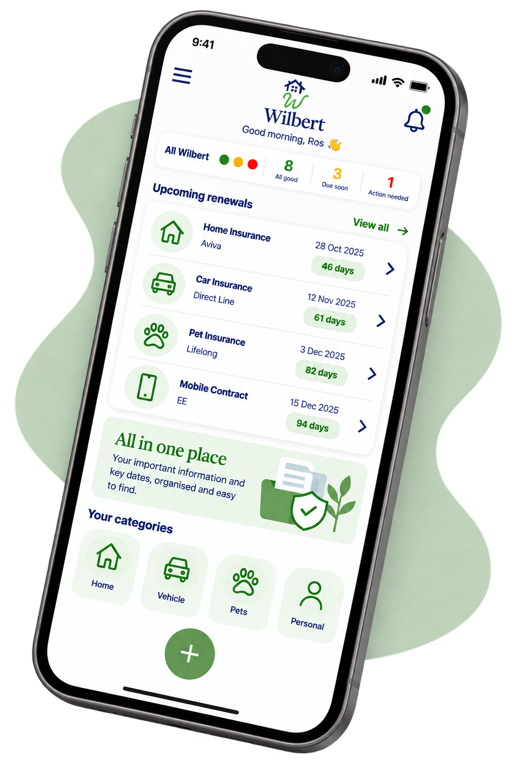 Wilbert dashboard showing household policies, upcoming renewals and important dates.