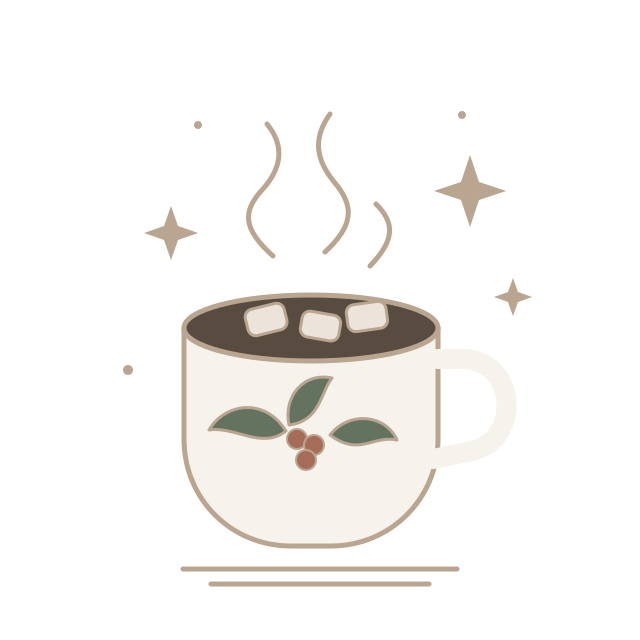 Illustration of a steaming hot chocolate mug with marshmallows, holly, and gold stars