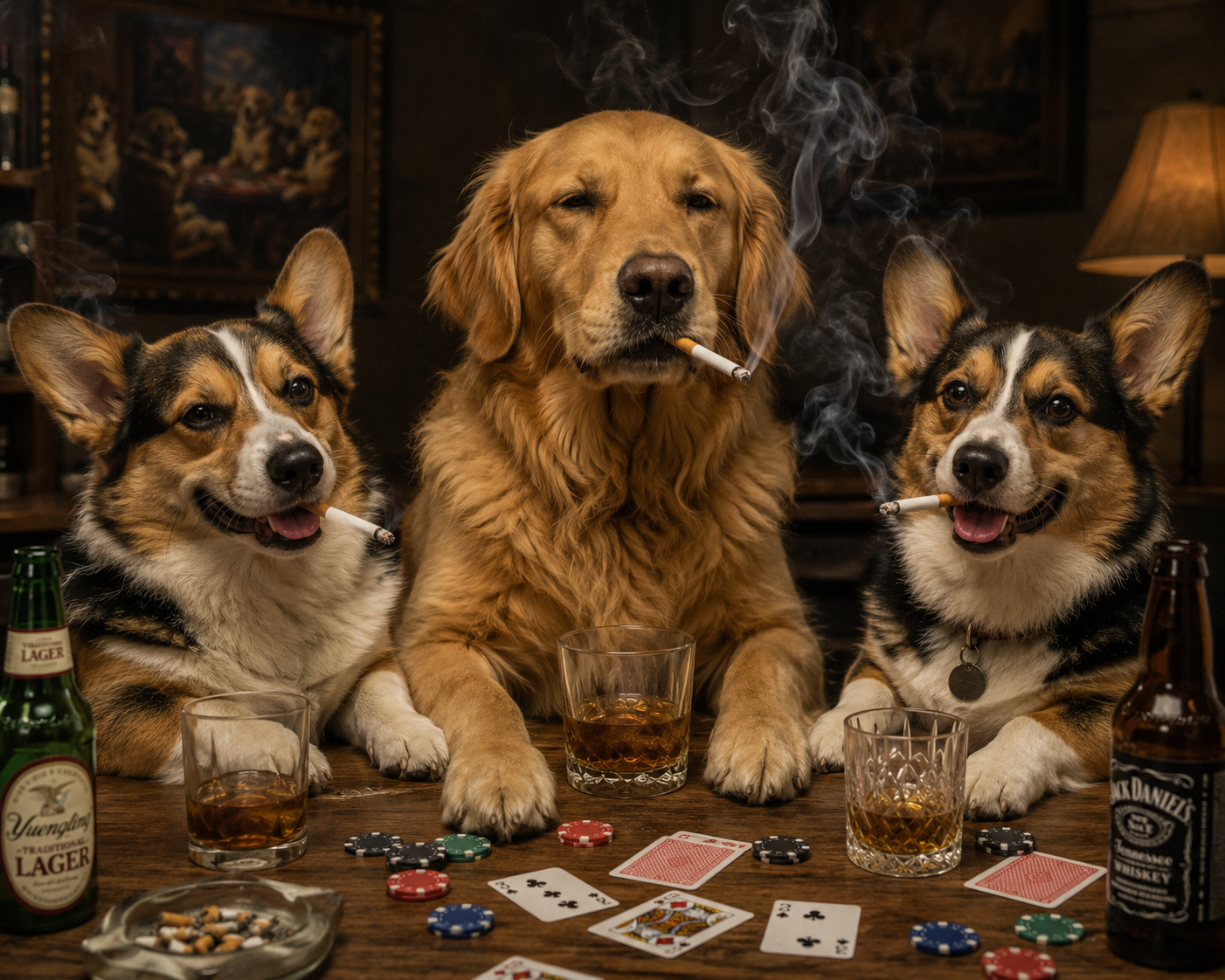 Three dogs, two Corgis and one Golden Retriever, sit at a poker table with cigarettes in their mouths, surrounded by poker chips, playing cards, glasses of whiskey, and beer bottles in a dimly lit room.