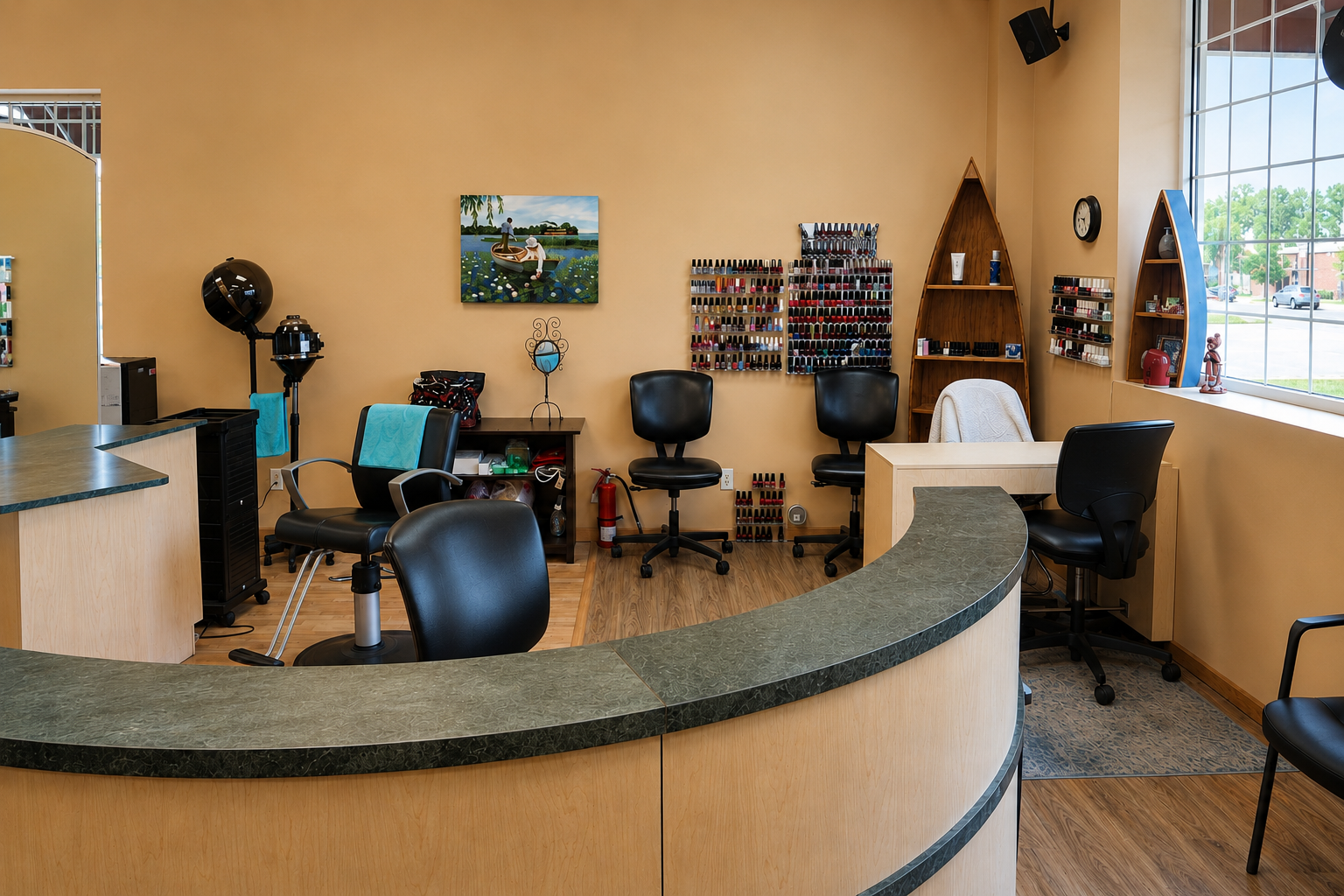 Interior of a nail salon reception area with a curved front desk, black chairs, nail polish displays, shelves with products, a window with outside view, and wall decor.