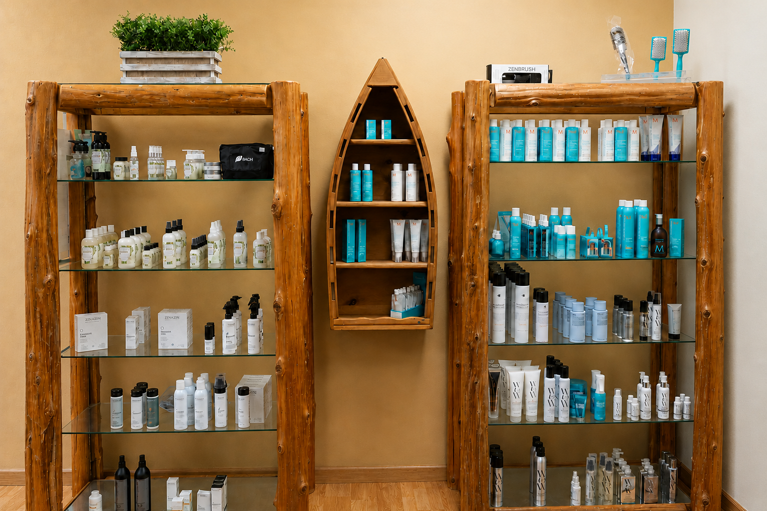 Professional haircare products displayed inside Cypress Salon.