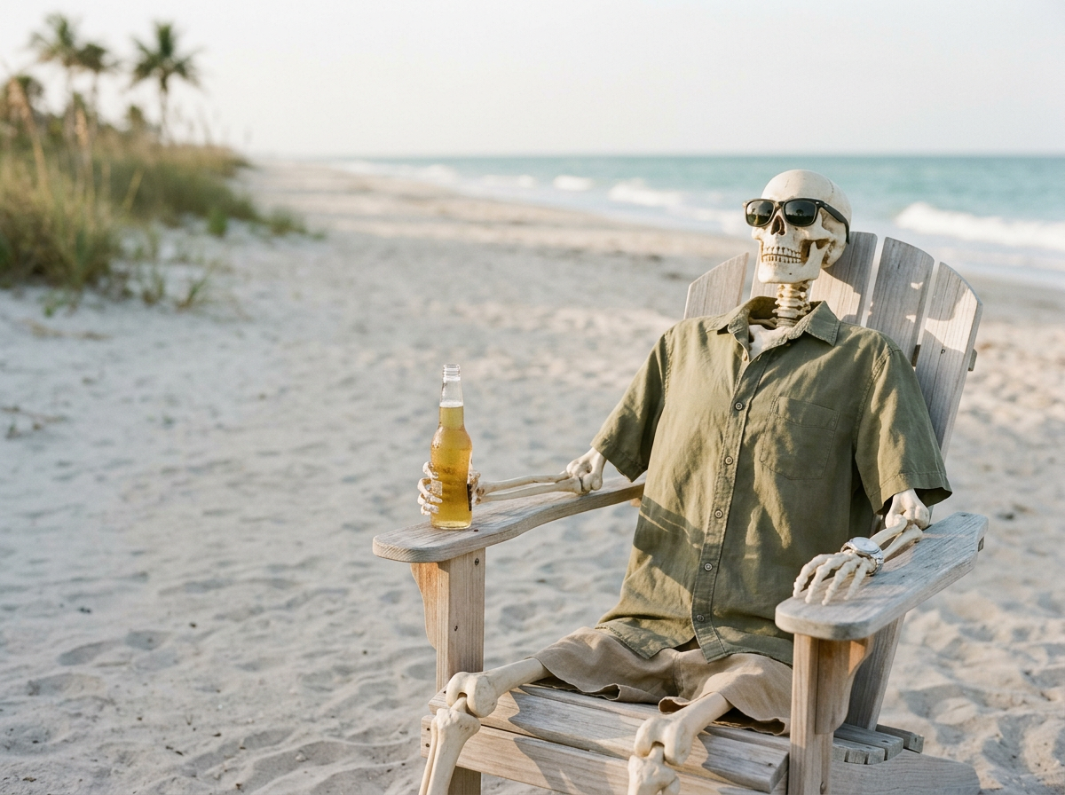 Skeleton wearing sunglasses and a green shirt, sitting on a wooden beach chair with a bottle of beer, on a sandy beach near the ocean.