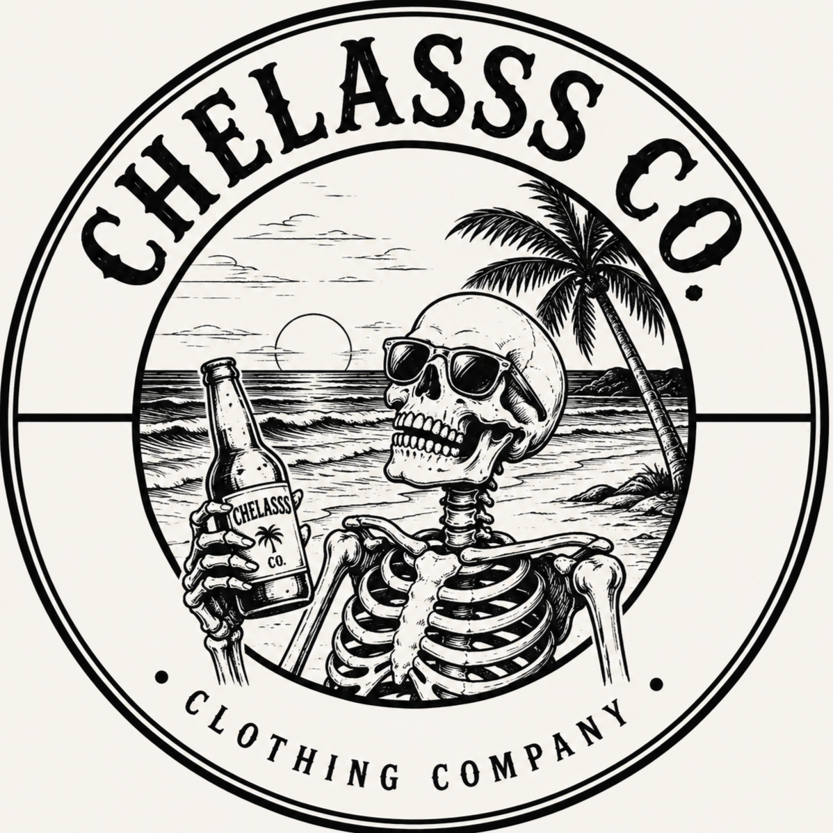 A black and white illustration of a skeleton wearing sunglasses, holding a bottle labeled 'CHELASS CO.', with a beach scene in the background including a sunset, ocean waves, and a palm tree. The text 'CHELASS CO.' is displayed at the top, and 'CLOTHING COMPANY' at the bottom, forming a circular logo.