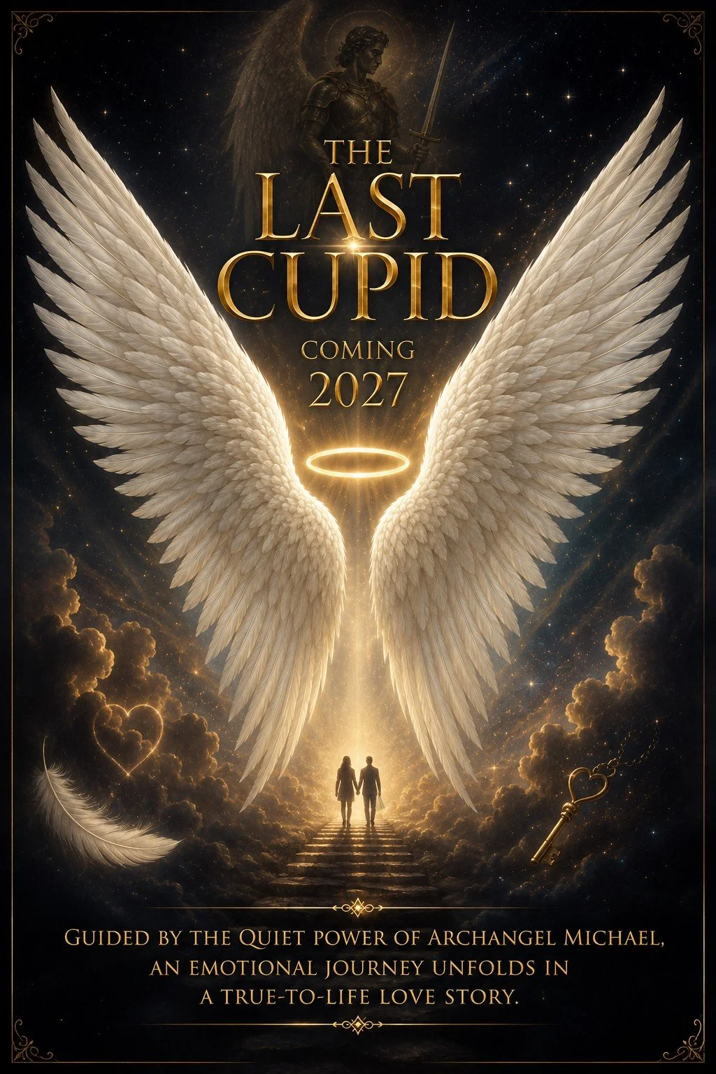A promotional poster for a movie titled 'The Last Cupid' set to release in 2027. The poster features large angel wings, a glowing halo, and a celestial background with stars and clouds. A silhouette of a couple holding hands walking down stairs toward a bright light is at the bottom. There is a key with a love heart-shaped bow and a feather in the lower left corner, and a halo above a figure with wings and a sword at the top. The tagline reads, 'Guided by the quiet power of Archangel Michael, an emotional journey unfolds in a true-to-life love story.'