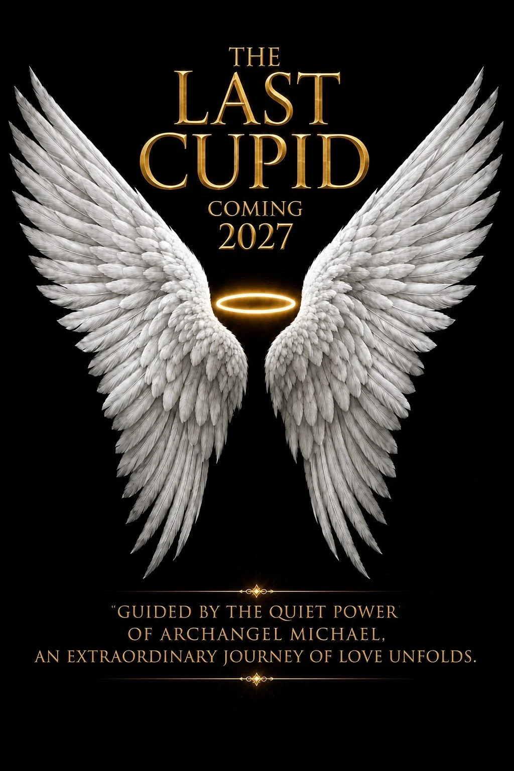 Black background with white angel wings, a glowing halo, and gold text that reads 'The Last Cupid Coming 2027' with a quote about Archangel Michael.