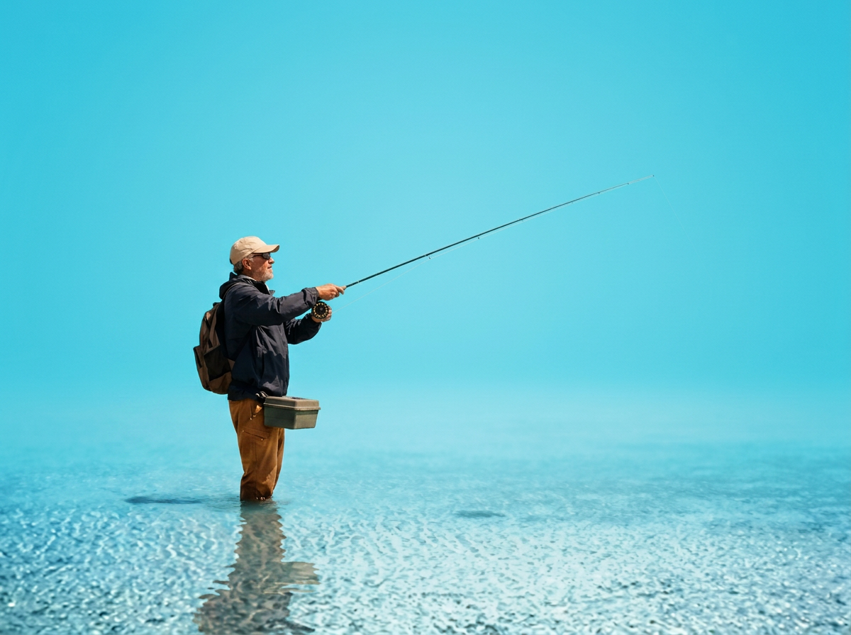 A man wearing a beige cap, sunglasses, a dark jacket, and khaki pants fishing in shallow water with a fishing rod under a clear blue sky.