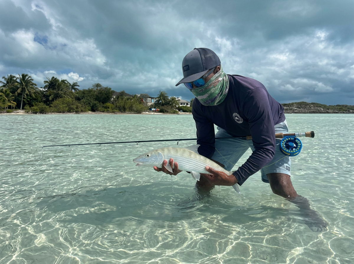 A person wearing a cap, sunglasses, and a face covering, squatting in shallow water while holding a fish they caught. The background features palm trees, houses, and a cloudy sky.