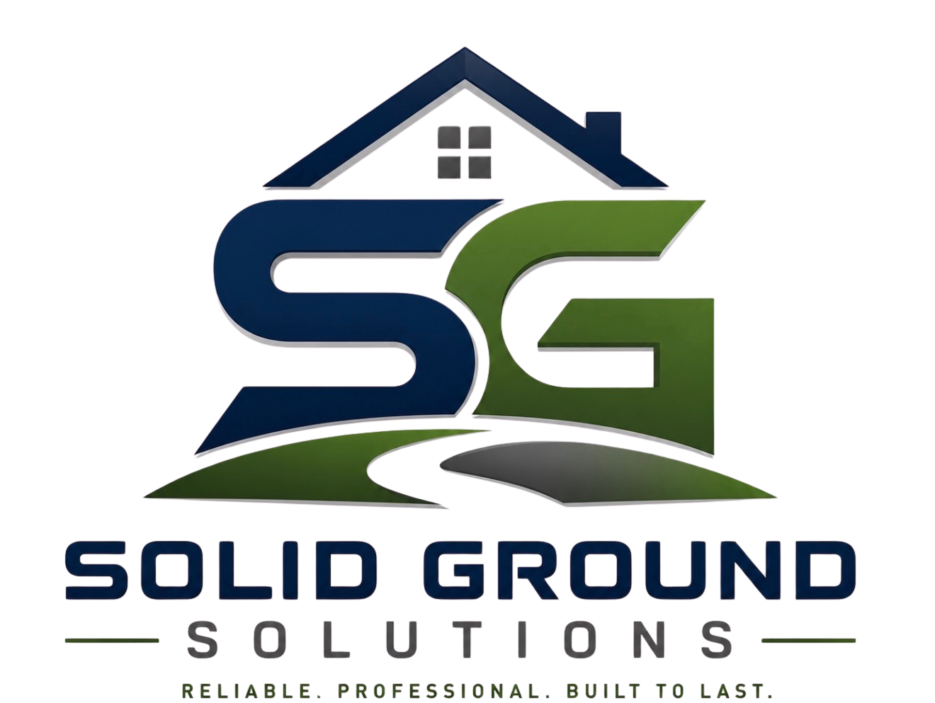 Logo for Solid Ground Solutions featuring stylized 'SG' in blue and green, with a roof and house imagery, and text indicating the company's services.