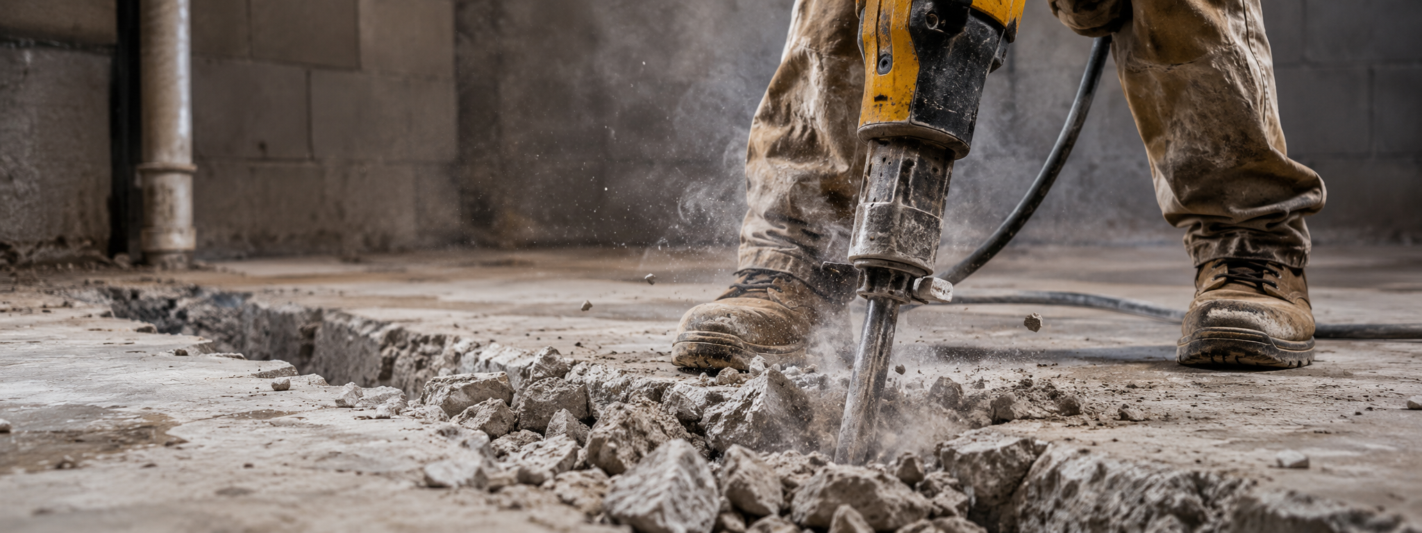 Worker using jackhammer to break concrete floor, dust and debris flying, wearing work boots and jeans.