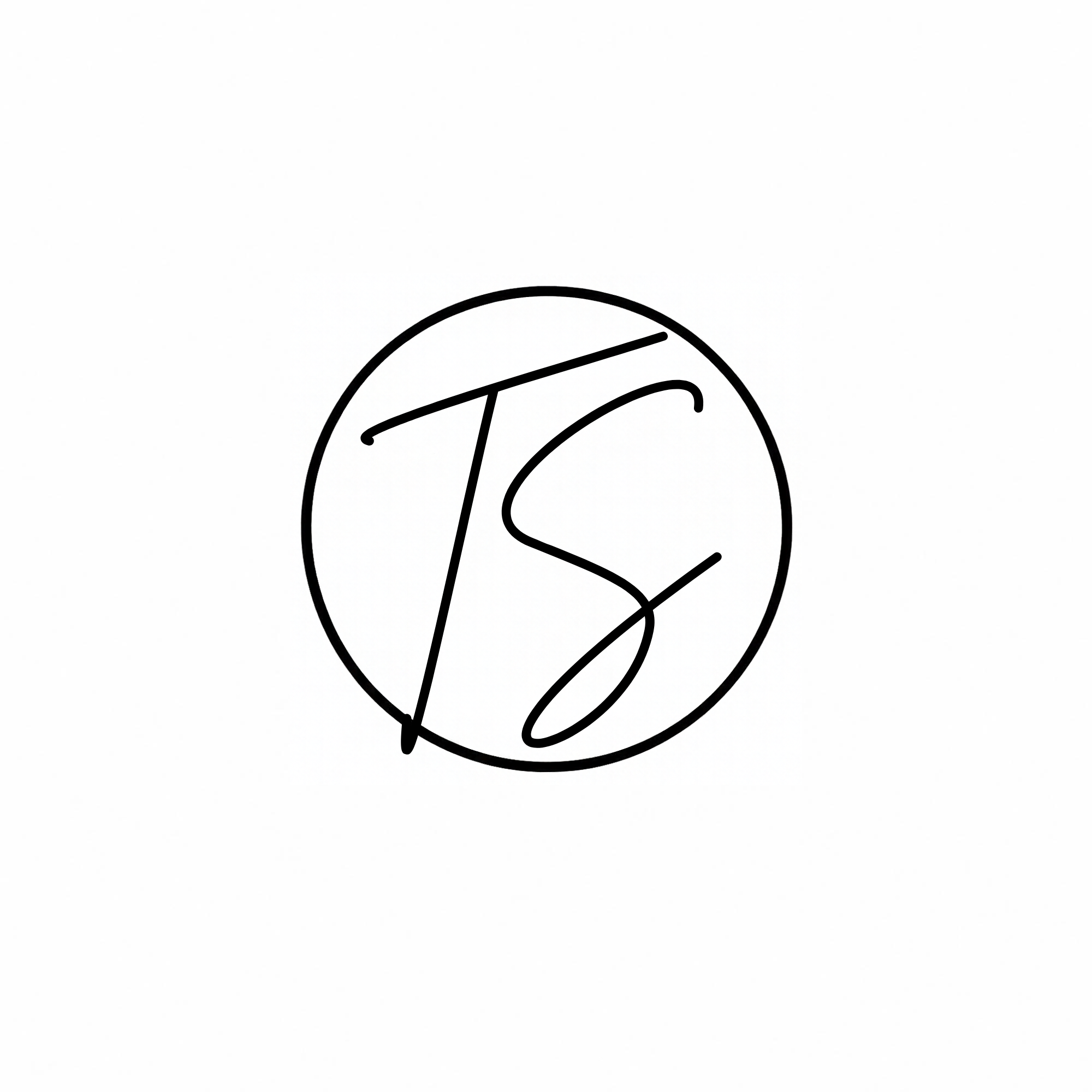Black abstract line drawing resembling the letters T and S inside a circle