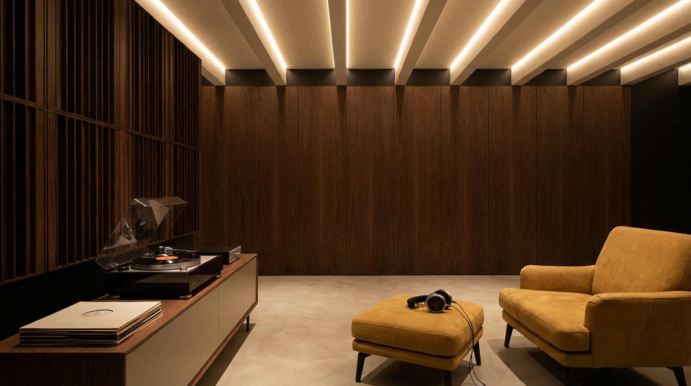 A cozy music listening room with a yellow armchair and matching ottoman, a vinyl record player with a record on the turntable, and a pair of headphones on the ottoman, set against dark wood panel walls.