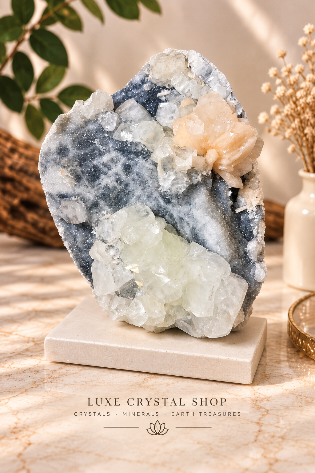 Diamond Apophyllite with Stilbite on Blue Chalcedony – Statement Piece