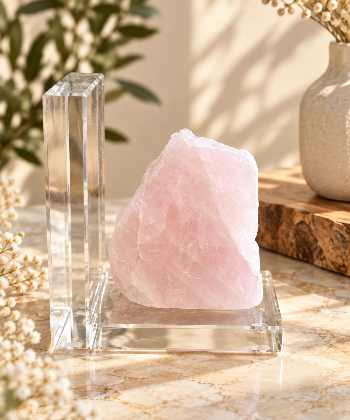 Rose Quartz on Clear L-Shape Display Stand
