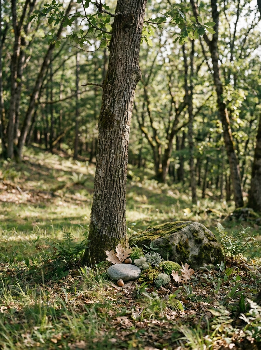 Forest scene with tree trunk, moss-covered rock, ferns, and fallen leaves.