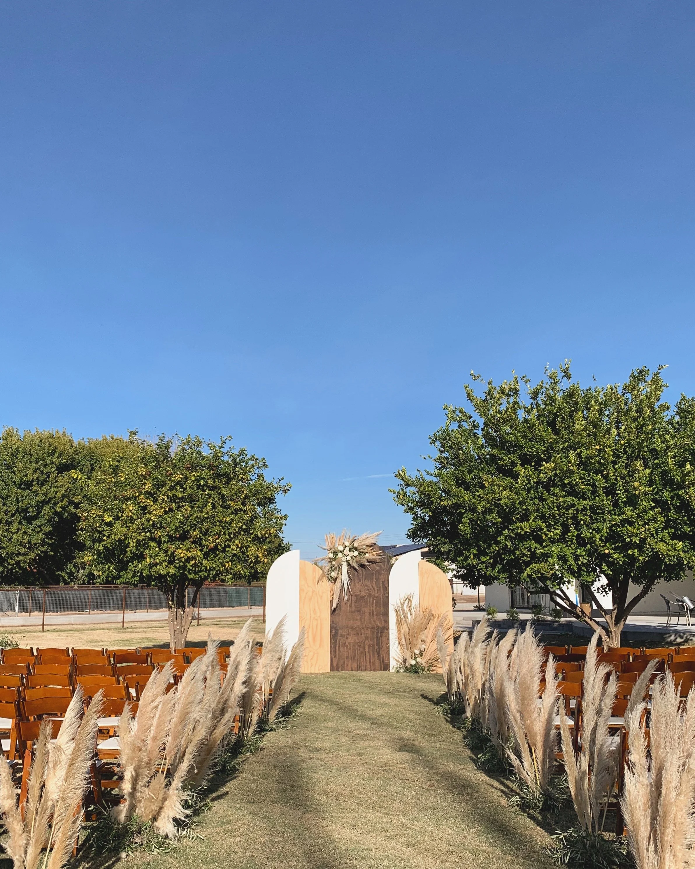 Outdoor wedding setup with rows of chairs on grass, pampas grass decorations, an arch with flowers, and a backdrop of trees and blue sky.